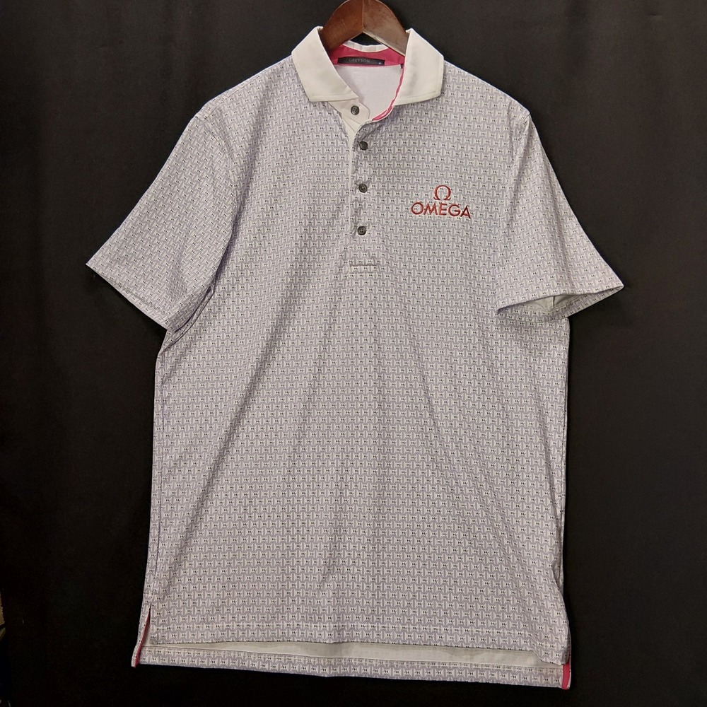 Greyson Mens Performance Polo Shirt Omega Watches Corporate Logo Purple Print M